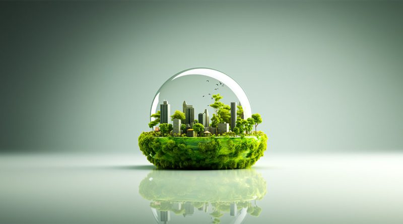 Futuristic image of a city in a snowglobe surrounded by forest to support net-zero architecture article